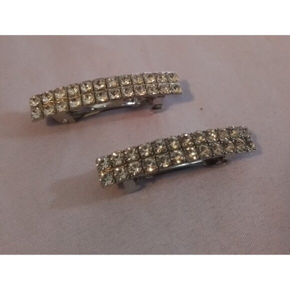 Vintage Crystal Rhinestone Hair Barrettes Set Of 2 Sparkling Silver Tone Clips - Picture 1 of 4